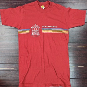 Vintage 80er Jahre Single Stitch San Francisco Rainbow Trolley Velva Sheen Sz S T-Shirt