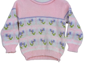 Vintage jaren 60 A Little Angel originele roze paars bloemen meisjestrui gebreide grootte 18 m