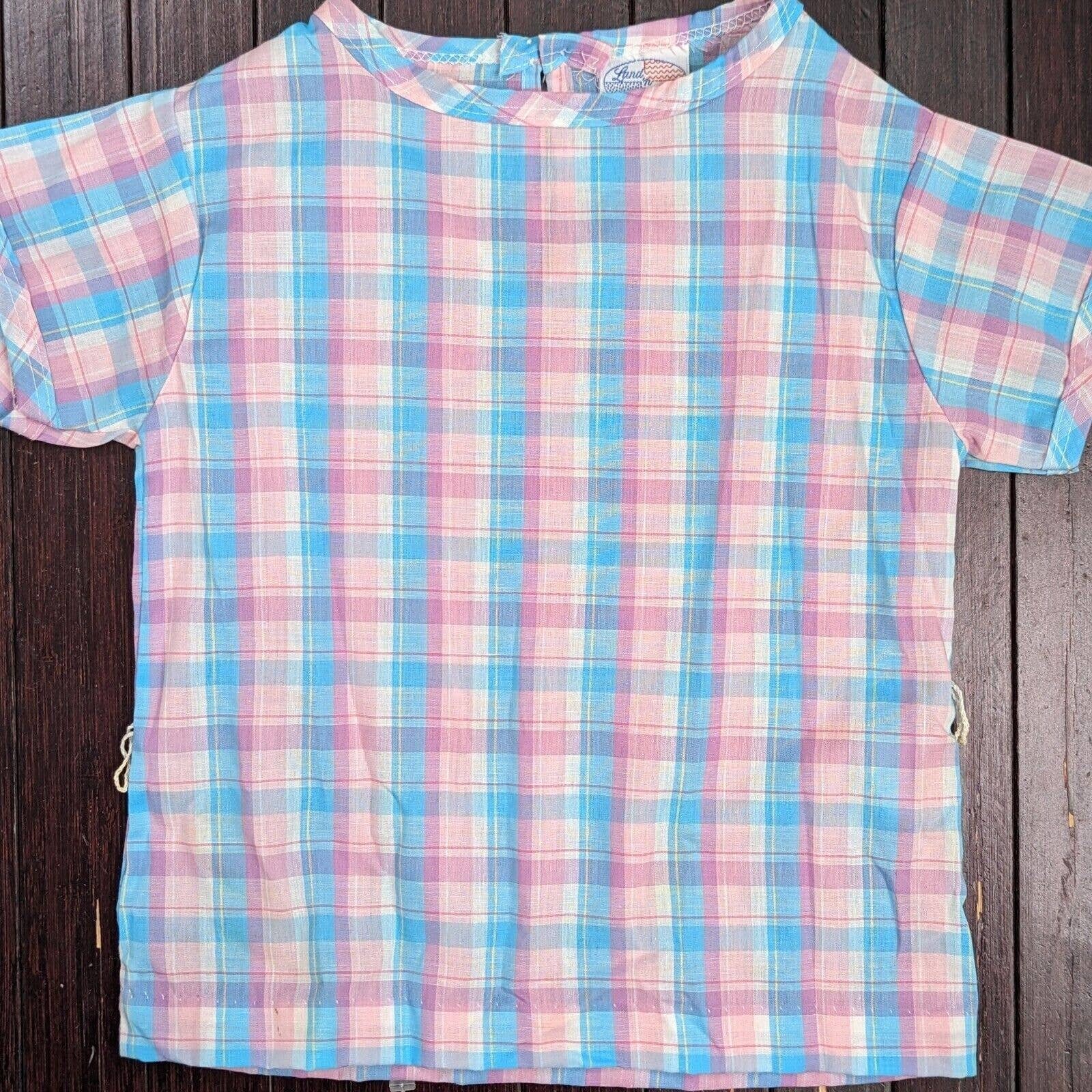 Vintage 80s 90 LAND N SEA Button up Kids Shirt Pastel Plaid T 