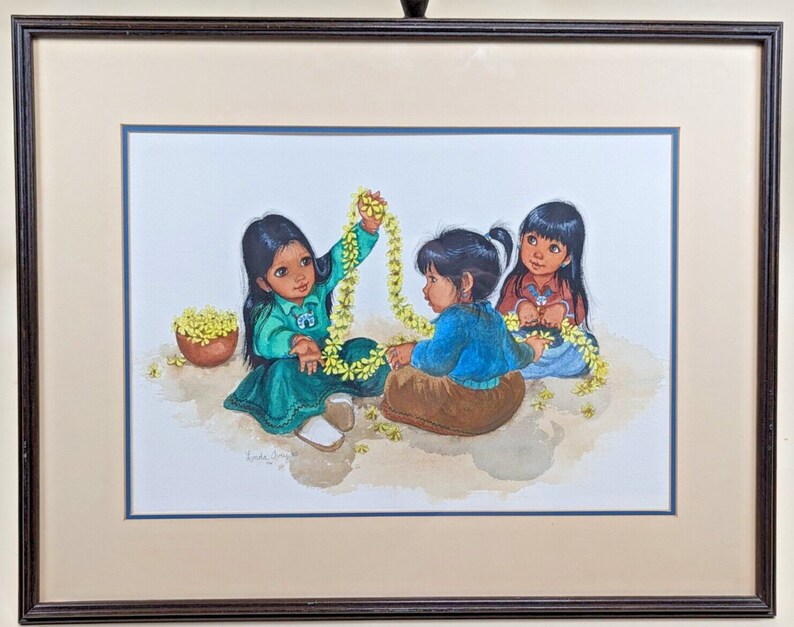 Linda Avey Original Navajo Girls Flower Floral Framed Watercolor Painting 1980 image 1