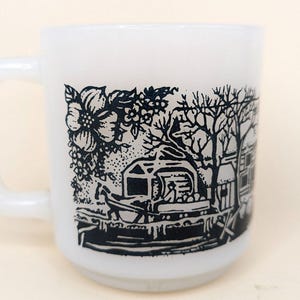 Vintage 1950s GLASBAKE Currier & Ives Farm Milk Glass Coffee Mug Made In USA
