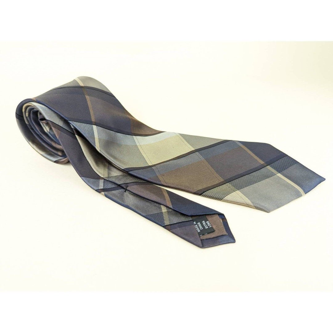 Vintage 90s Calvin Klein Mens Tie Necktie Purple Gray Plaid Woven