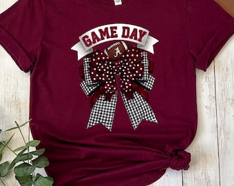 Alabama TShirt Black White Houndstooth with Crimson Polka Dots Bow|Fan Girl Shirt Soft Jersey Short Sleeve Tee Game Day Original Design