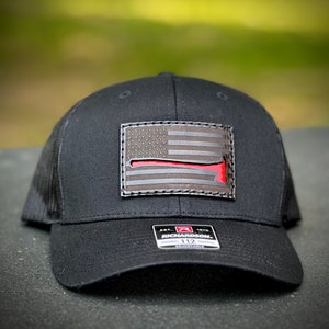 Firefighter Hat Firefighter Gift Thin Red Line American Flag Leather Patch Hat Trucker Hat