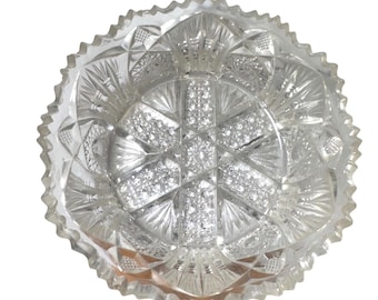 Vintage geschliffene Glasrunde Schale Sägezahnrand Starburst Diamantmuster klar 14,5 cm