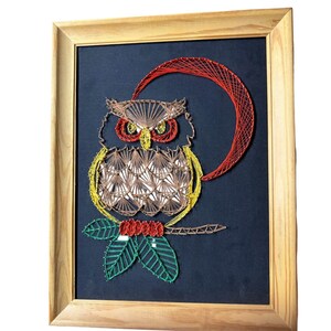 Vintage 70s String Art Owl Wall Decor Mid Century Modern Retro Framed Folk Art