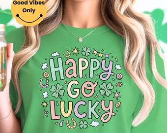 Preppy Happy Go Lucky St Patrick's Day PNG, design fortunato rosa e verde, trifoglio arcobaleno PNG, regalo per la festa di San Patrizio, fortunato irlandese festivo