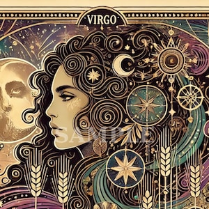 Impresión de la carta del tarot de Virgo - Arte de pared del zodíaco Art Deco - Póster de astrología mística - Descarga digital celestial - Regalo de horóscopo bohemio