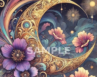 Estampa floral de lua crescente em estilo Art Nouveau: arte de parede celestial mística (download digital)