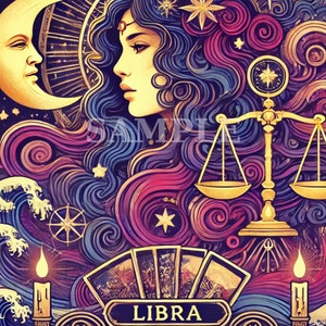 Impresión de la carta del tarot de Libra - Arte de pared del zodíaco Art Deco - Póster de astrología mística - Descarga digital celestial - Regalo de horóscopo bohemio