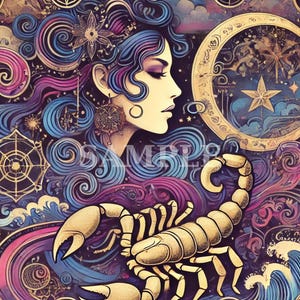 Carta del Tarot de Escorpio - Impresión del zodiaco Art Deco - Descarga digital mística