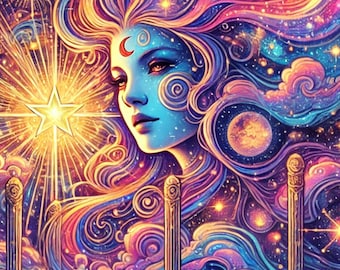 May include: A tarot card illustration of The Star card. The card depicts a woman with flowing hair, a crescent moon on her forehead, and a bright star shining above her. The background is a swirling galaxy of stars and planets.