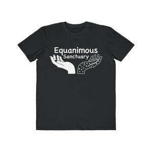 May include: Black t-shirt with white text that reads "Equanimous Sanctuary" and a graphic of two hands with stars on one hand.