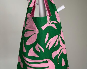 Eco-Friendly Handmade Green and Pink Floral Cotton Tote Bag with Unique Storage Design