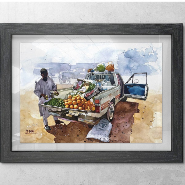 Soedanese groenteverkoper aquarel kunst aan de muur, kleurrijk Afrikaans dagelijks leven poster canvas voor home decor digitale digitale Instant Download