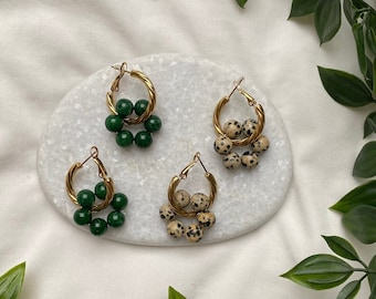 Pendientes de aro con cuentas de piedras preciosas chapados en oro de 18 quilates | Pendientes de jade | Criollos de jaspe dálmata | Pendientes de aro | Pendientes aros de piedras naturales | criollos