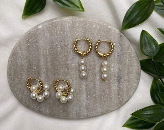 18K Gold Plated Pearl Hoop Earrings | Pearl Creoles | Pearl hoop earrings | Hoop Earrings | Natural white creoles