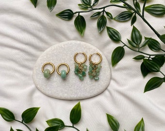 18K Gold Plated Gemstone Aventurine Donut Hoop Earrings | Asymmetrical Aventurine Hoop Earrings | Earrings | Creoles | Earrings | Natural stone