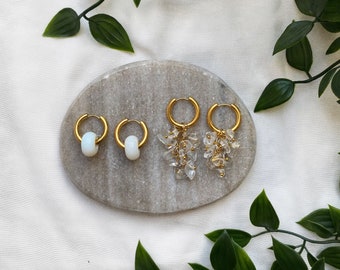 18K Gold Plated Gemstone Quartz Crystal Pearl Donut Hoop Earrings | Asymmetrical Quartz Crystal Beads | Earrings | Natural stone | Rock crystal