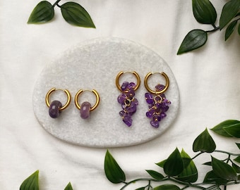18K Gold Plated Gemstone Amethyst Donut Hoop Earrings | Asymmetrical amethyst bead hoop earrings | Earrings | Creoles | Earrings | Natural stone
