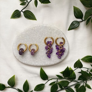 18K Gold Plated Gemstone Amethyst Donut Hoop Earrings Asymmetrical amethyst bead hoop earrings Earrings Creoles Earrings Natural stone image 1