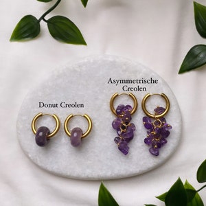 18K Gold Plated Gemstone Amethyst Donut Hoop Earrings Asymmetrical amethyst bead hoop earrings Earrings Creoles Earrings Natural stone image 2