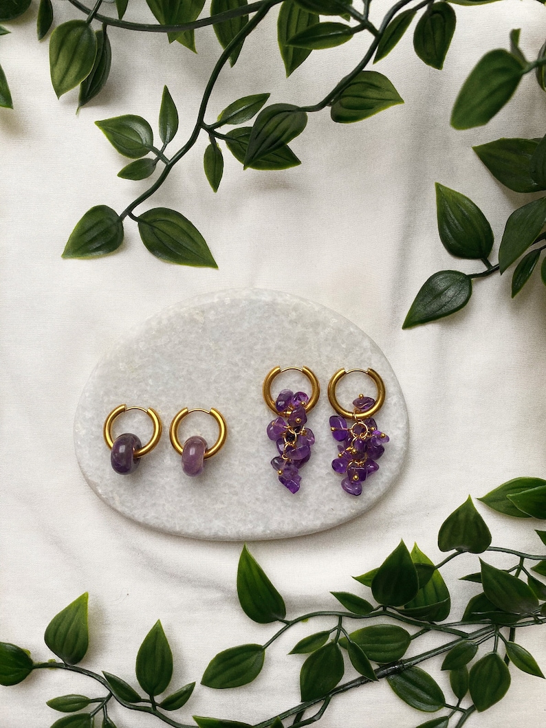 18K Gold Plated Gemstone Amethyst Donut Hoop Earrings Asymmetrical amethyst bead hoop earrings Earrings Creoles Earrings Natural stone image 1