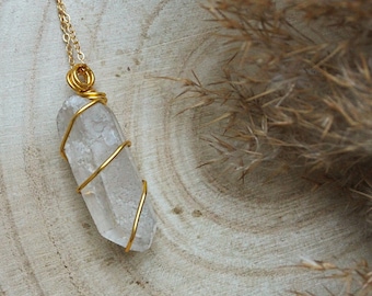 24 Gold Plated & 925 Silver Rock Crystal Necklace | Natural stone | Gemstone necklace | Healing stone | Crystal | Clear rock crystal | Trailer