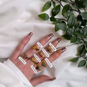 May include: A hand wearing seven gold rings with different colored gemstones. The stones are labeled with their names: Amethyst, Obsidian, Bergkristall, Citrin, Tigerauge, Rosenquarz, and Aventurine.