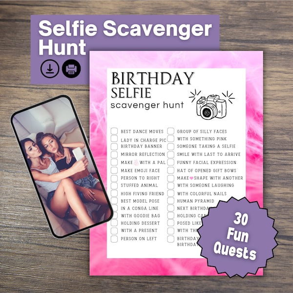 Girls Birthday Treasure Hunt | Birthday Selfie Scavenger Hunt |  | Teen Birthday Games | Girls Treasure Hunt | Printable Birthday Game