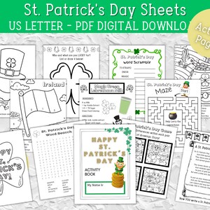 May include: A collection of St. Patrick's Day activity sheets. The sheets include coloring pages, word scrambles, mazes, and a word search. The text on the sheets includes "St. Patrick's Day Sheets", "US LETTER - PDF DIGITAL DOWNLOAD", and "17 Activity Pages".