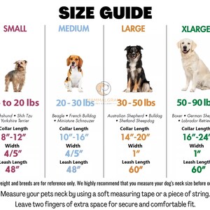 May include: A size guide for dog collars, showing four different sizes: small, medium, large, and extra large. Each size is illustrated with a dog breed and includes the recommended weight range, collar length, width, and leash length in inches.