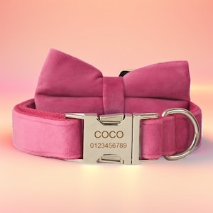 Hot Pink Velvet Dog Collar & Leash Set with Bow Tie and Flower, Free Engraving and Personalization, Customization of Metal Colors and Font