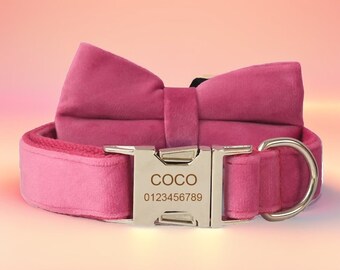 Hot Pink Velvet Dog Collar with Bow Tie & Leash: Personalized Engraved Pet Collar