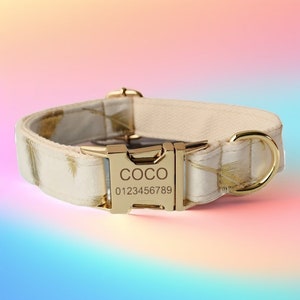 Gold Leaf on White Velvet Dog Collar & Leash Set with Bow Tie and Flower, Comes with Free Engraving and Customization, Wedding Dog Collar