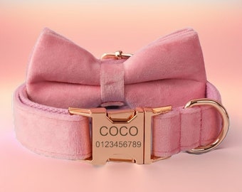 Baby Pink Velvet Dog Collar Set: Bow Tie, Leash & Engraving