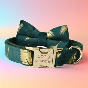 Gold Leaf on Green Velvet Dog Collar & Leash, Bow Tie and Flower, Free Engraving and Personalization, Choose Metal Color and Font