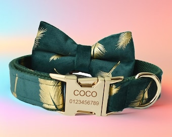 Collar y correa para perro de terciopelo verde con hoja de oro: hebilla grabada personalizada