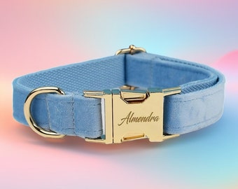 Sky Blue Velvet Dog Collar: Personalized Engraved Buckle, Bowtie & Flower