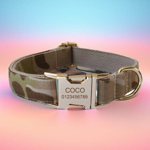 Army Camouflage Dog Collar, Leash & Bow Tie: Personalized Engraved Pet ID