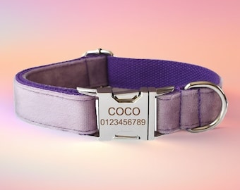 Light Purple Velvet Dog Collar & Leash Set with Bow Tie, Free Engraving