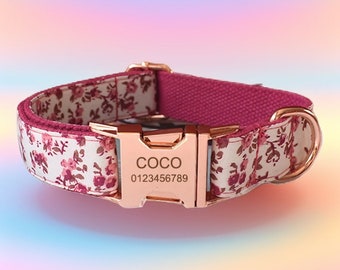 Floral Dog Collar & Leash Set: Personalized Engraved Buckle