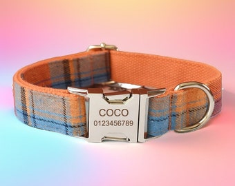 Orange Plaid Dog Collar Set: Engraved Buckle & Bow Tie