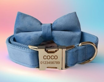 Blue Velvet Dog Collar & Leash and Bow Tie Set, Free Engraving to make it a Personalized Dog Collar, Choose Metal Color and Font