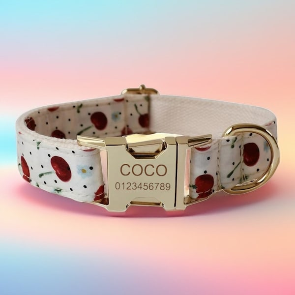 Cherry Dog Collar & Leash Set with Bow Tie, Free Engraving and Customization, Choose Metal Color and Font, Fun Fruity Dog Collar