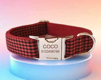 May include: Red and black plaid dog collar with a silver buckle. The buckle is engraved with the name "Coco" and the phone number "0123456789".