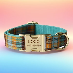 May include: A turquoise and orange plaid dog collar with a gold buckle and a personalized name tag that reads "COCO 0123456789".