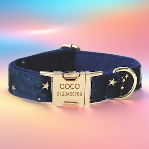 Starry Blue Velvet Personalized Dog Collar & Leash Set with Bow Tie, Free Engraving, Choose Metal Color and Font, Beautiful Dog Collar