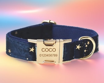 Starry Blue Velvet Dog Collar & Leash Set: Personalized Engraved Buckle