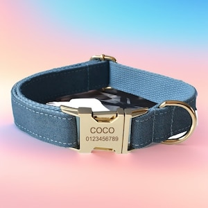 Blue Denim Jeans Hundehalsband & Leine Set mit Fliege, kostenlose Gravur, personalisieren und anpassen Metallfarben und Schriftart